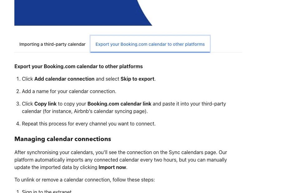 Instrucciones oficiales de Booking.com para exportar el calendario a otras plataformas