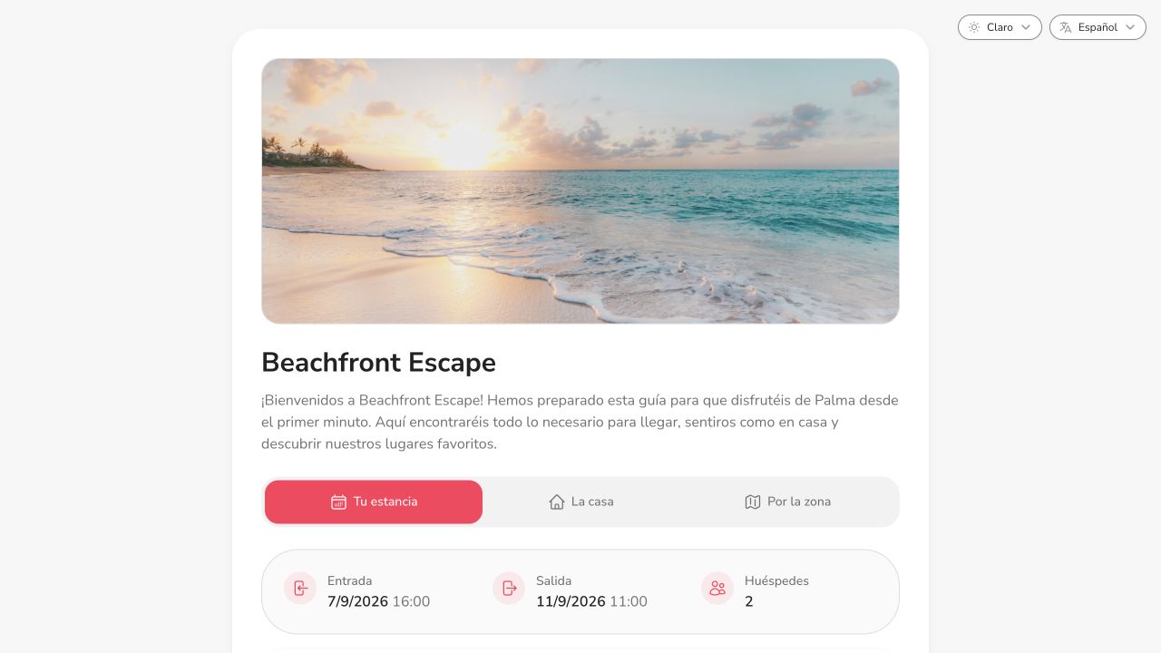 Guía de huéspedes con fechas, dirección, Wi-Fi y acceso