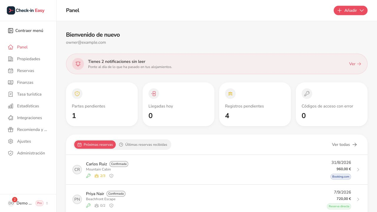 Panel de gestión de Check-in Easy