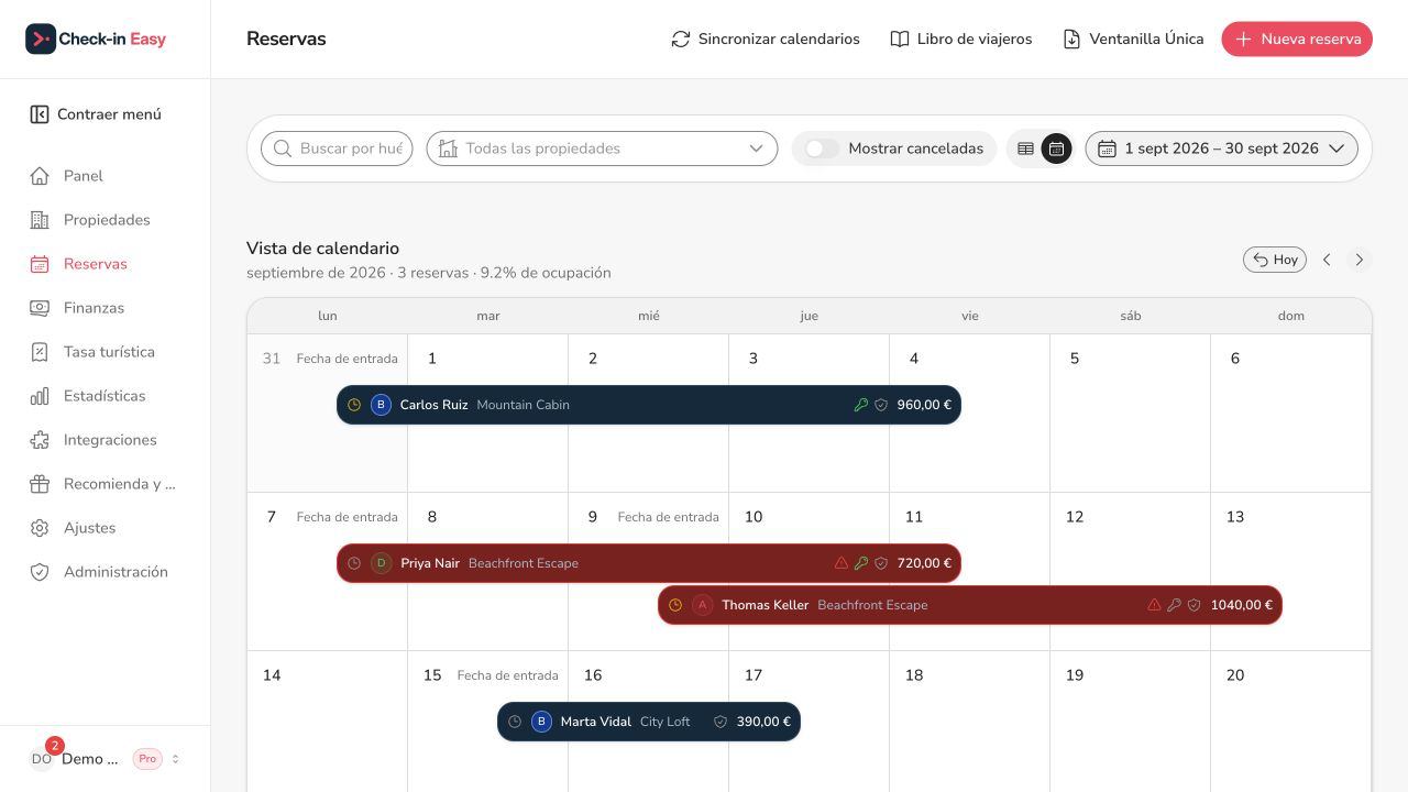 Panel de gestión de Check-in Easy